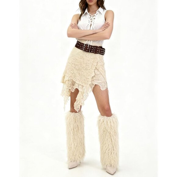 Women's Fur Off White Pointed Toe Fold Over Wide Calf Knee High Heel Boots - Picture 4 of 6